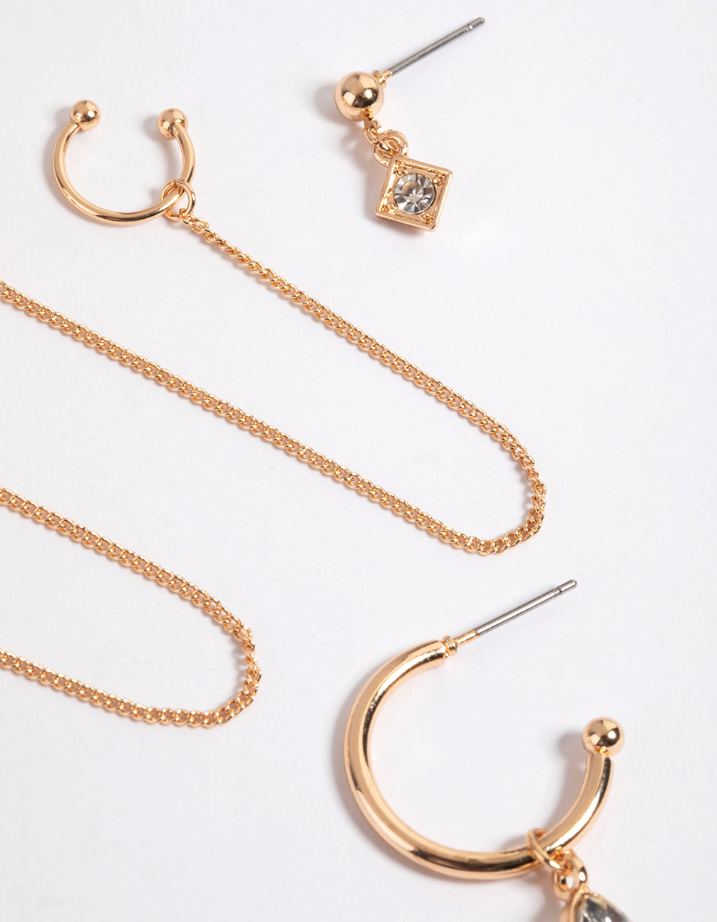 Gold Diamante & Chain Hoop Stack Earrings