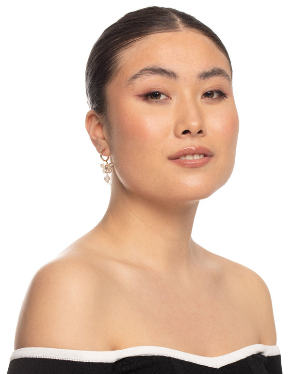 Gold Diamante Butterfly Pearl Earrings
