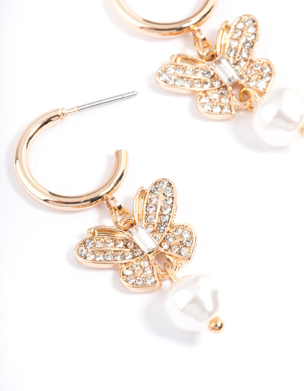 Gold Diamante Butterfly Pearl Earrings
