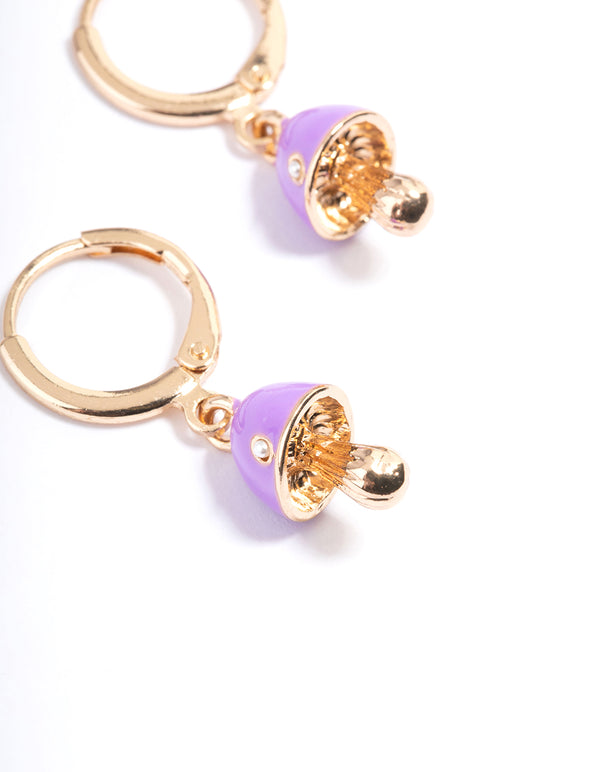 Gold Neon Purple Mushroom Huggie Earrings