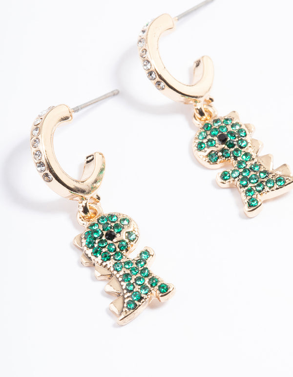 Gold Diamante Dinosaur Hoop Earrings