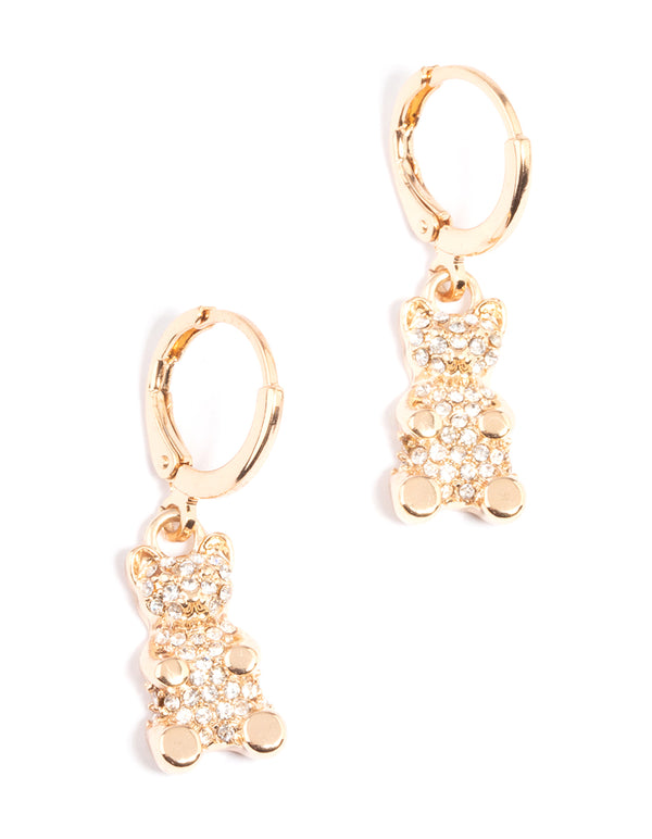 Gold Diamante Teddy Bear Huggie Earrings