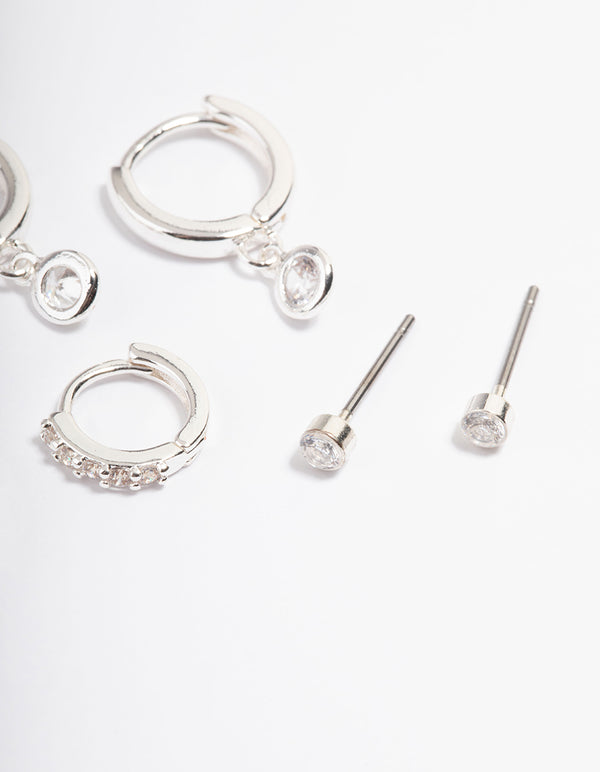 Silver Clear Stud & Huggies Pack