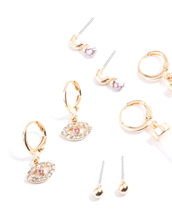 Gold Rose Quartz Evil Eye Earring Pack