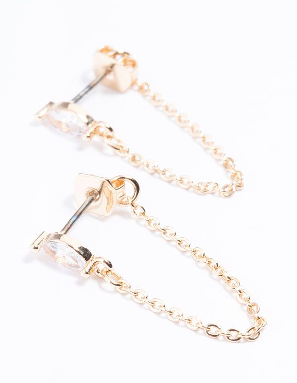 Gold Oval Cubic Zirconia Front & Back Earrings