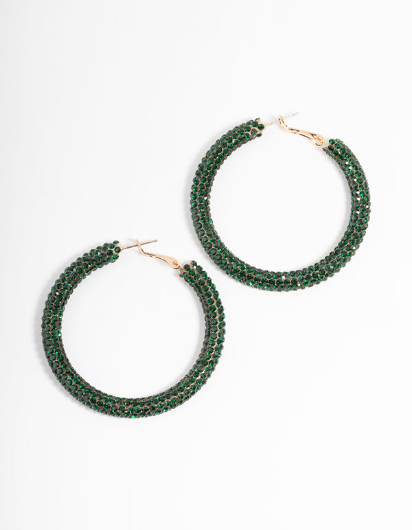 Gold Emerald 40mm Crystal Hoop Earrings
