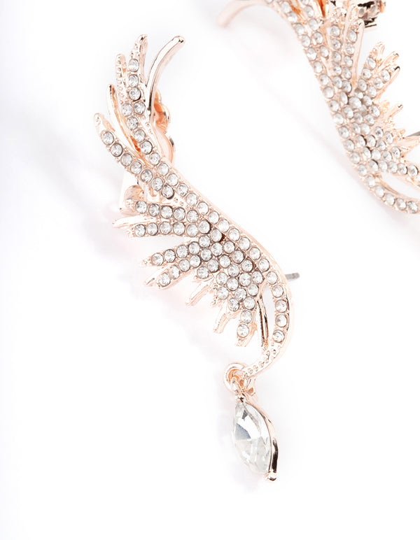 Rose Gold Diamante Wing Drop Cuff Earrings