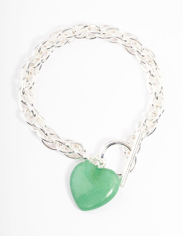 Silver Plated Green Aventurine Statement Heart T&O Bracelet