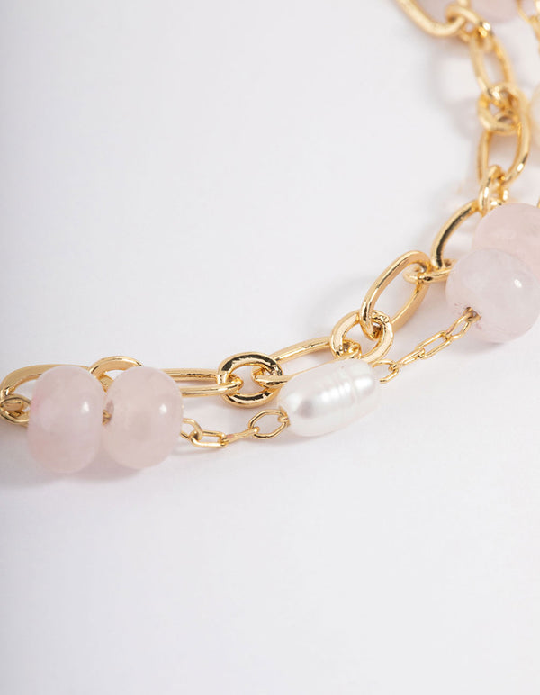 Gold Plated Rose Quartz Freshwater Pearl Double Row Chain Bracelet