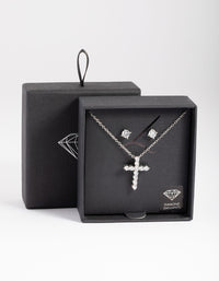 Silver Diamond Simulant Stud & Cross Necklace Set - link has visual effect only