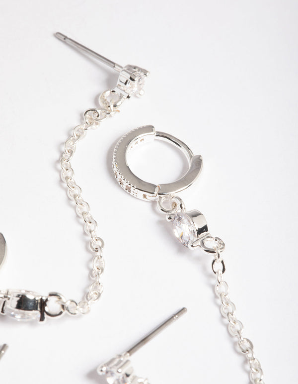 Silver Plated Brass  Cubic Zirconia Pave Huggie Chain Earrings 6-Pack