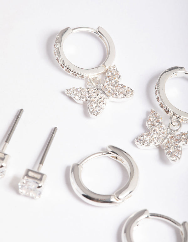 Silver Plated Brass  Cubic Zirconia Pave Butterfly Earring 6-Pack