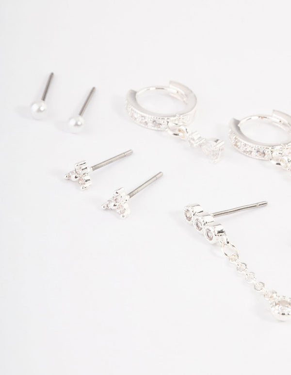 Silver Plated Cubic Zirconia Dainty Pearl Earrings 4-Pack