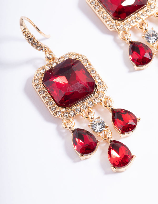Red Diamante Square Teardrop Huggie Earrings
