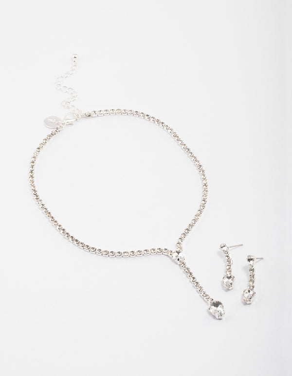 Silver Teardrop Diamante Cupchain Earrings & Necklace