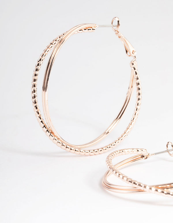 Rose Gold Textured Cross Over Hoop Earrings
