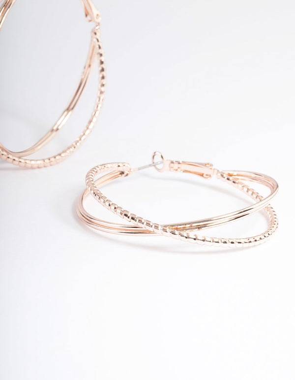 Rose Gold Textured Cross Over Hoop Earrings