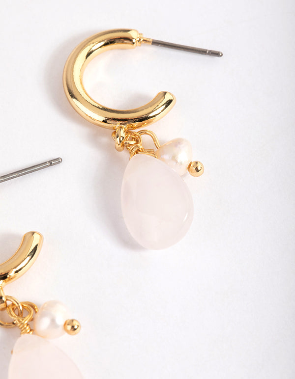 Gold Plated Rose Quartz Freshwater Pearl Charm Hoop Earrings