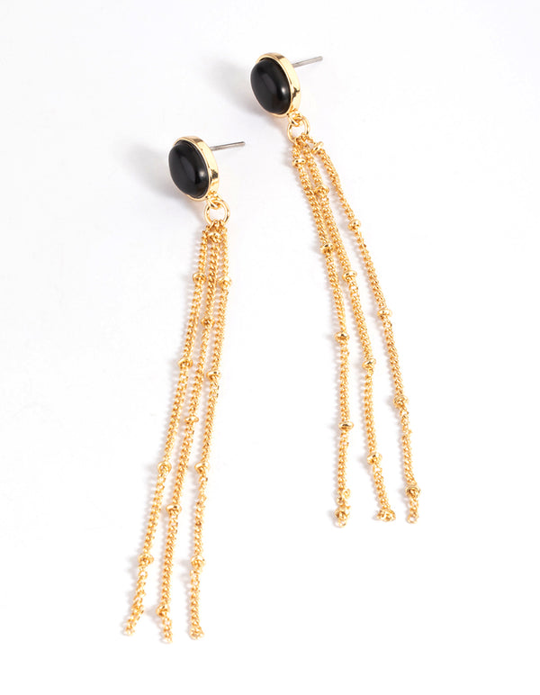 Gold Plated Black Onyx Ball Chain Drop Earrings