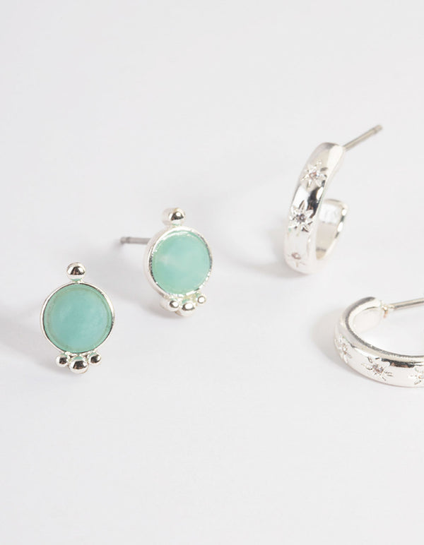 Silver Plated Amazonite Round Star Stack Earrings