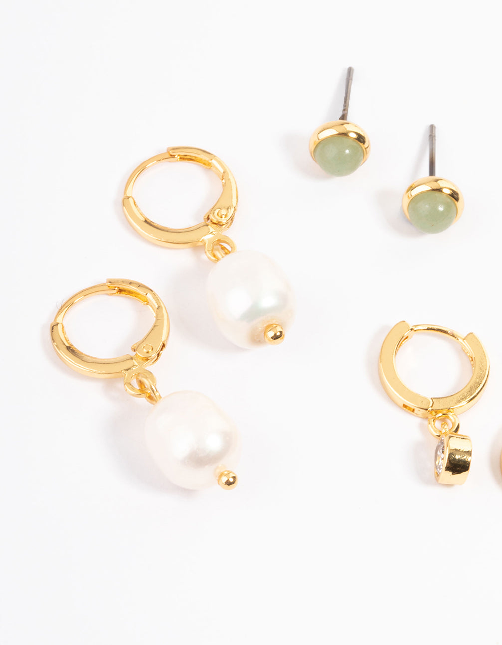 Gold Plated Green Aventurine Freshwater Pearl Cubic Zirconia Earring Pack