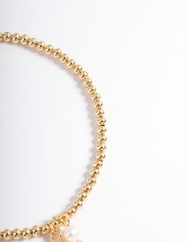 Gold Plated Rose Quartz Freshwater Pearl Ball Stretch Bracelet