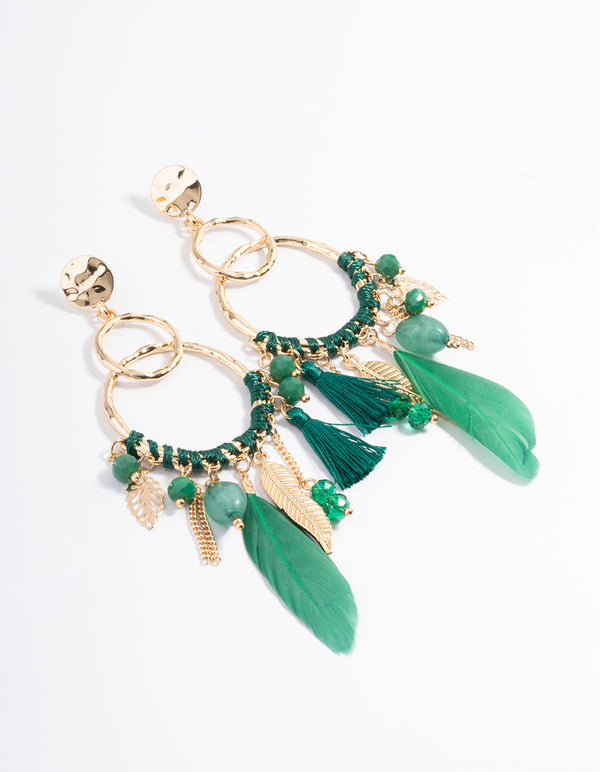 Gold Thread Bead Green Feather Earrings