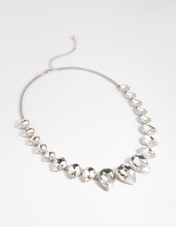 Rhodium Gradual Teardrop Diamante Stone Necklace