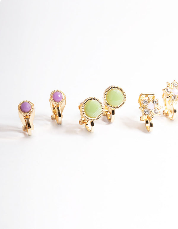Gold Flower Stone Clip On Earrings 5-Pack