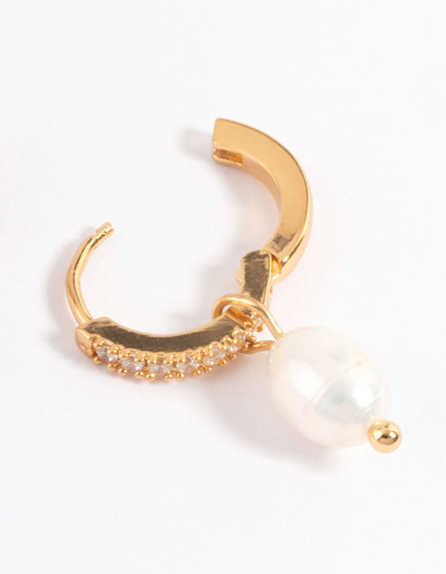 Waterproof Gold Plated Stainless Steel Diamante Freshwater Pearl Drop Huggie Earrings