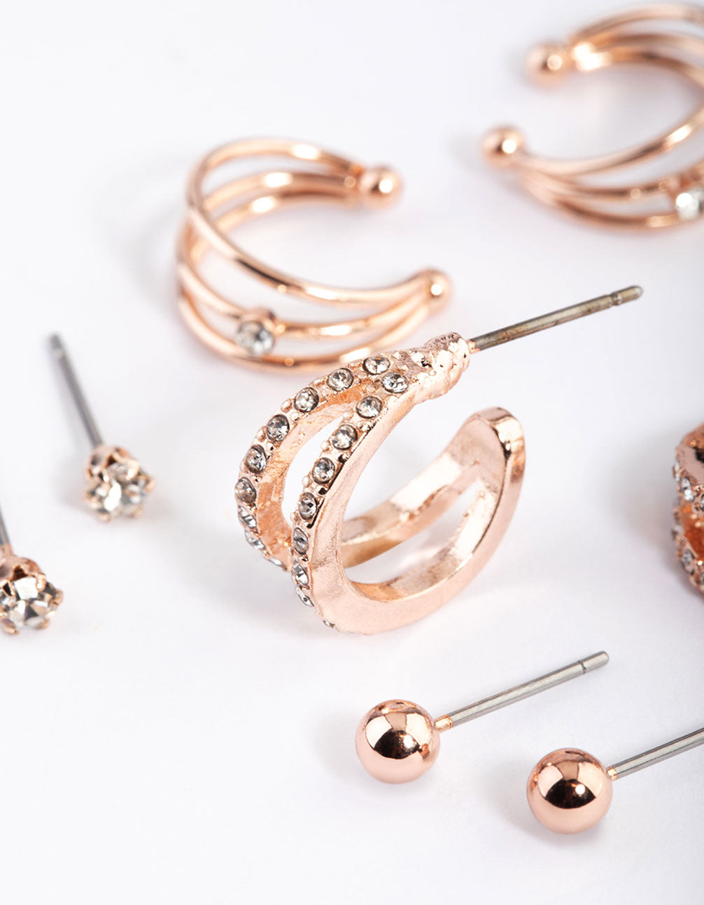Rose Gold Diamante Double Row Earring 4-Pack