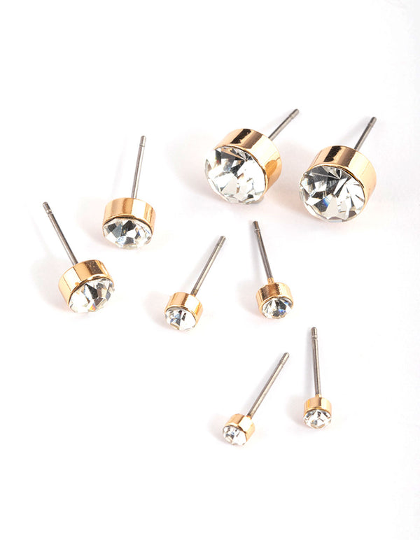 Gold Diamante Stud Earrings 4-Pack