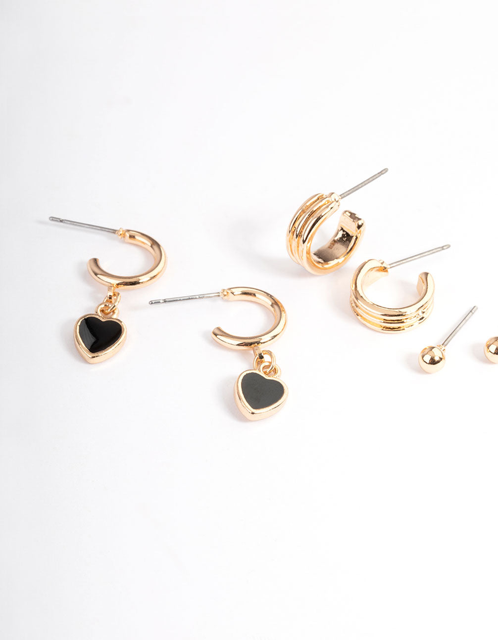 Gold Black Enamel Heart Earrings 4-Pack