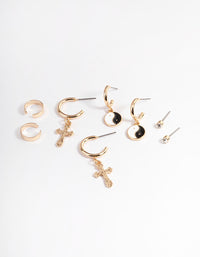 Gold Cross Yin & Yang Earrings 4-Pack - link has visual effect only