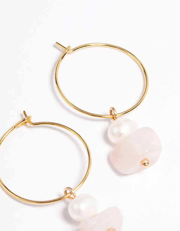 Gold Plated Rose Quartz Freshwater Pearl Wire Hoop Earrings