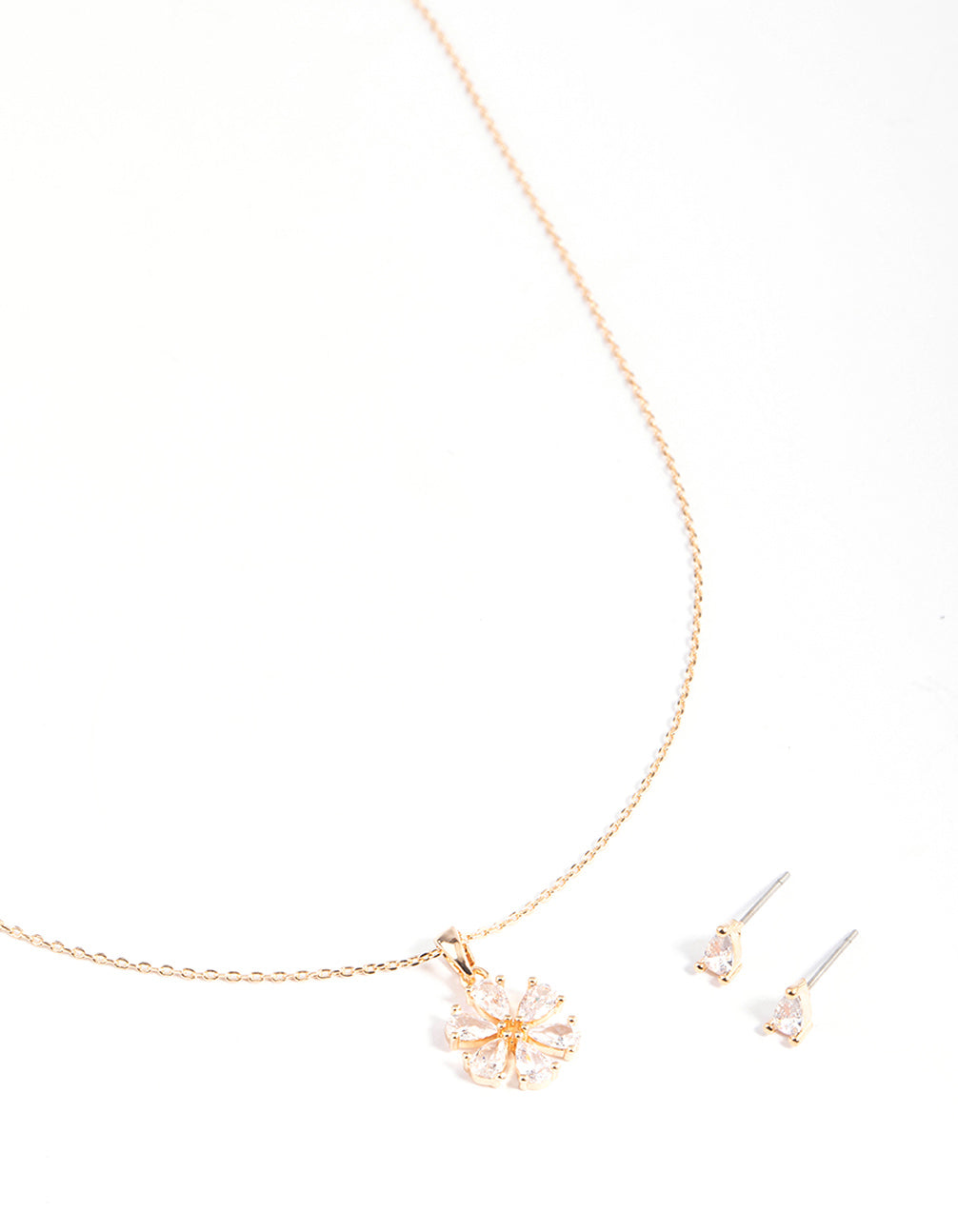 Gold Cubic Zirconia Pear Flower Earrings & Necklace Set