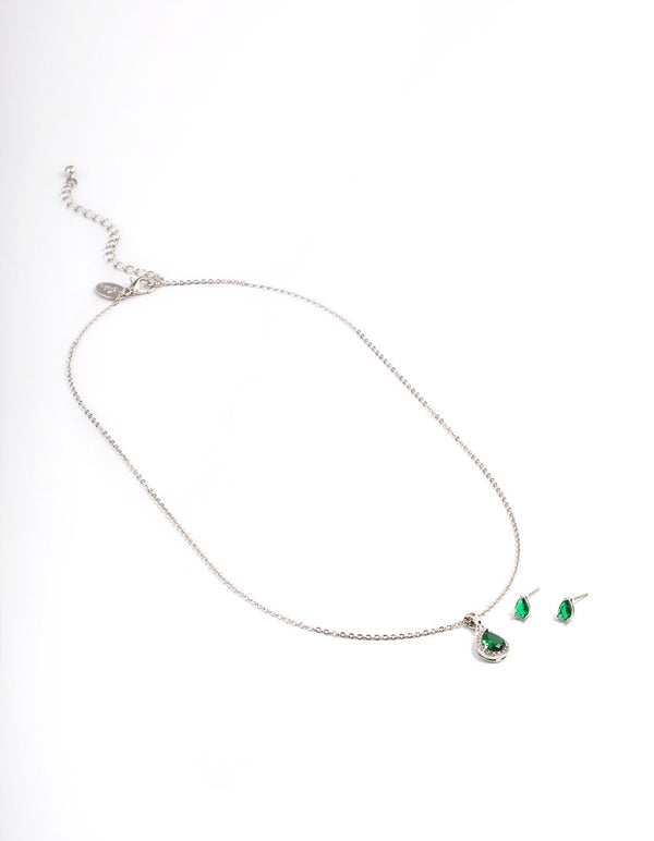 Silver Cubic Zirconia Pearl Halo Earrings & Necklace Set