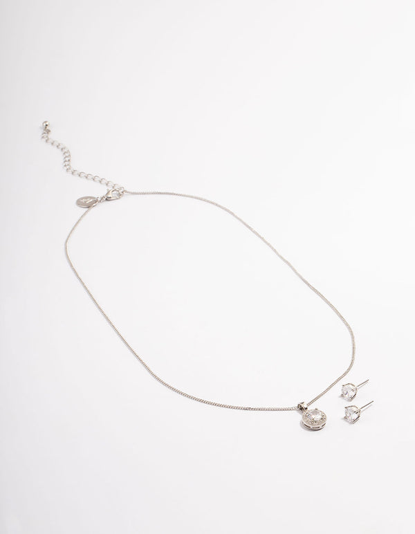 Silver Cubic Zirconia Circle Halo Earrings & Necklace Set