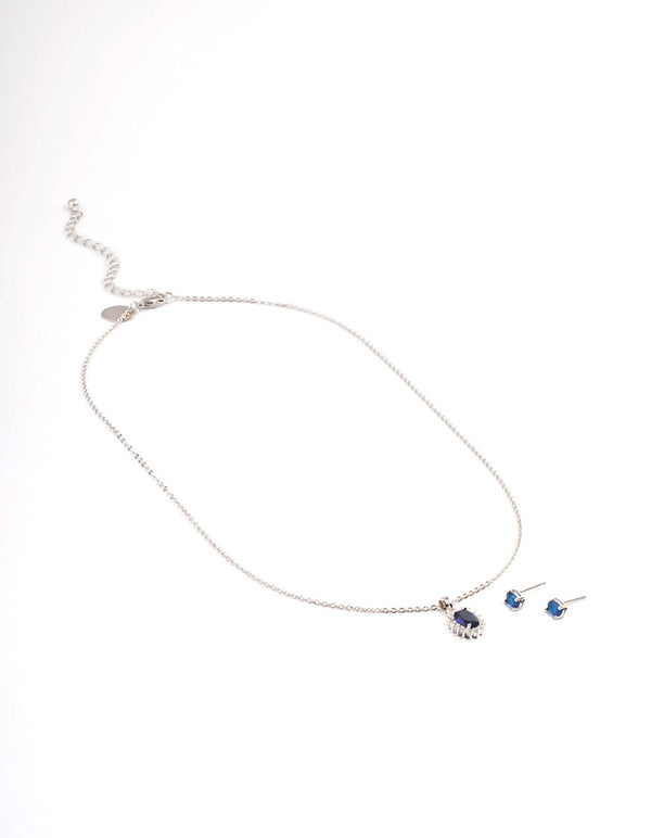 Silver Cubic Zirconia Oval Halo Earrings & Necklace Set