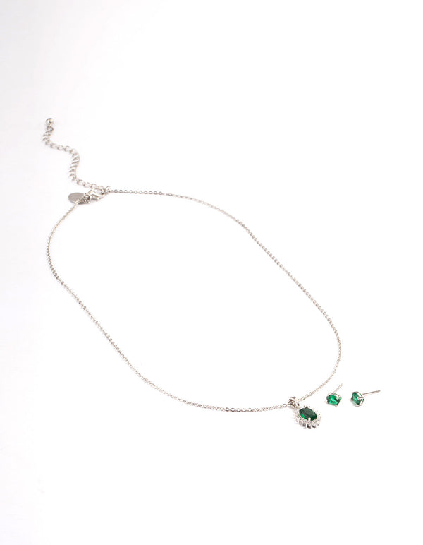 Silver Cubic Zirconia Oval Halo Earrings & Necklace Set