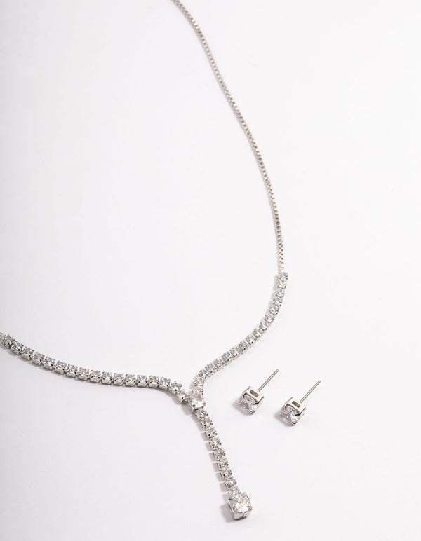 Rhodium Cubic Zirconia Y-Neck Earrings & Necklace Set