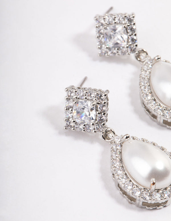 Silver Detail Diamond Pearl Drop Earrings