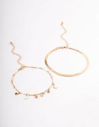 Gold Double Layer Herringbone Charm Anklet - link has visual effect only