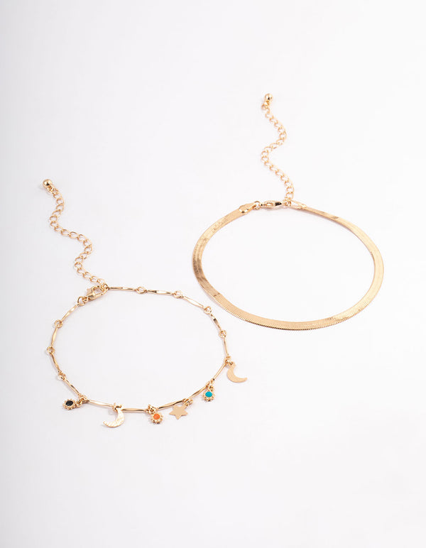 Gold Double Layer Herringbone Charm Anklet