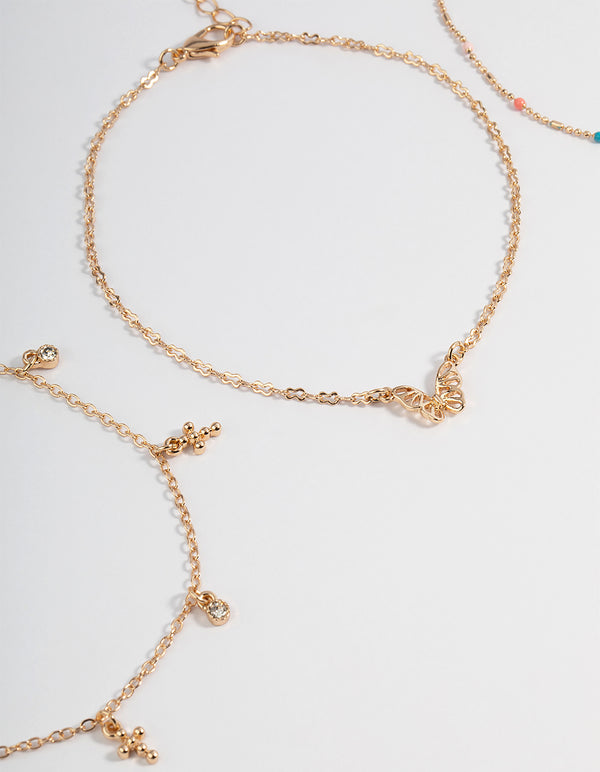 Gold Three Layer Fine Charm Anklet