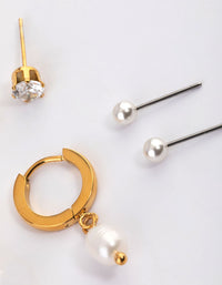 Waterproof Gold Plated Stainless Steel Cubic Zirconia Pearl Drop Huggie Earrings Pack - link has visual effect only