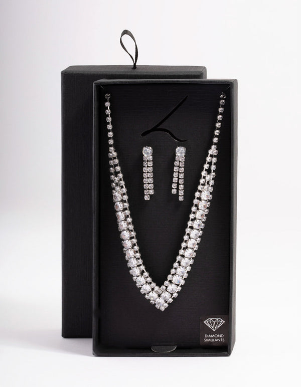 Diamond Simulant Silver Drop Earring & Necklace Set