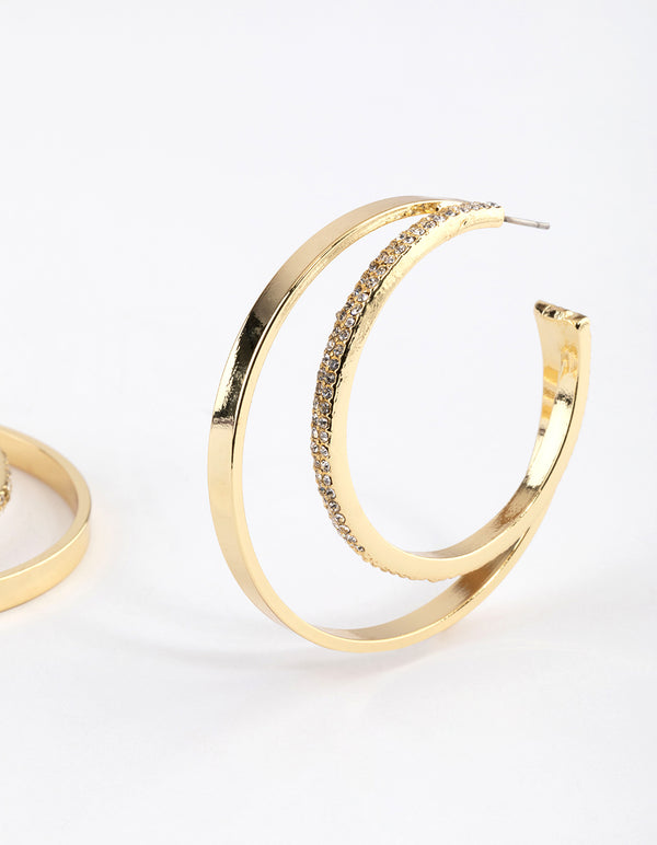 Gold Plated Large Layered Diamante Double Hoop Earrings