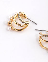 Gold Plated Diamante Pearl Triple Hoop Earrings - link has visual effect only