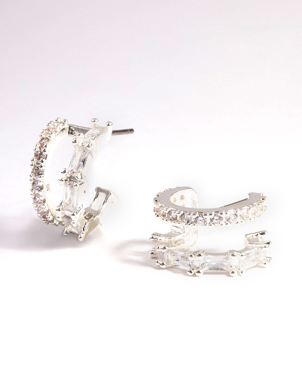 Silver Plated Diamante Baguette Double Cuff Hoop Earrings